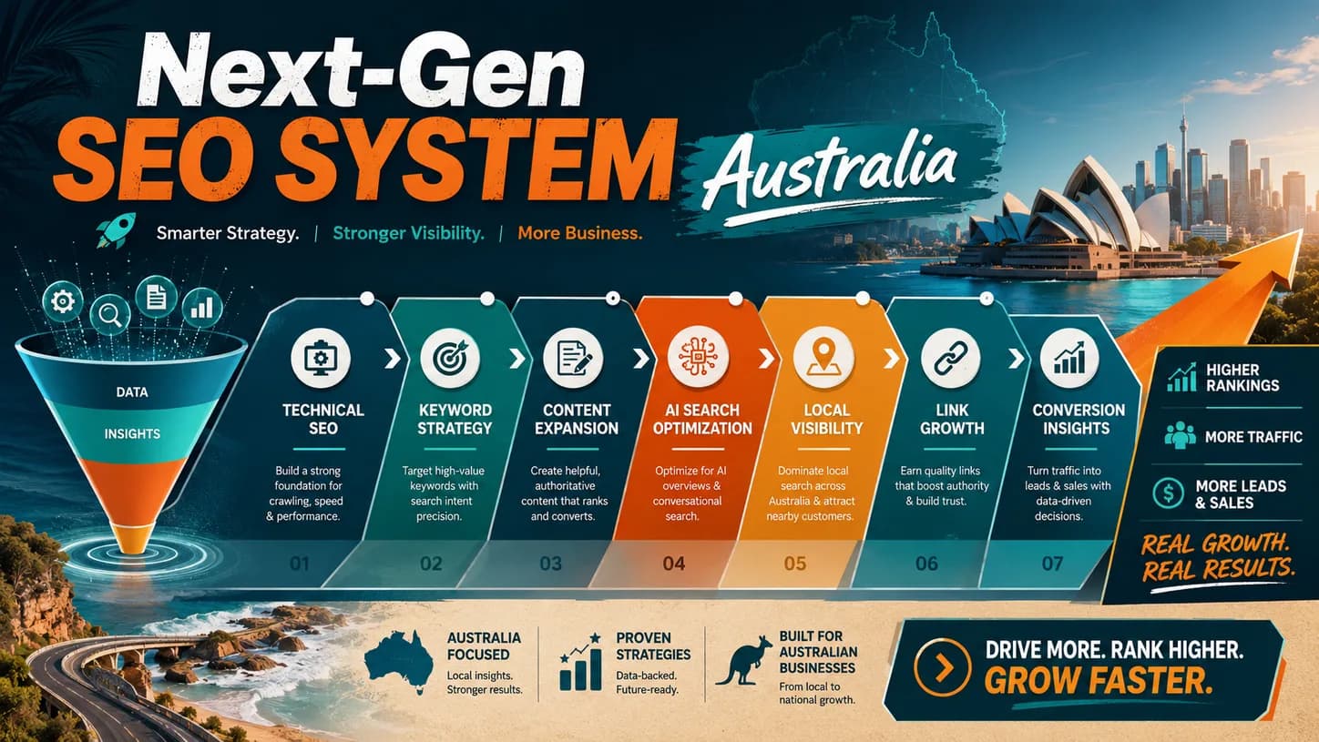 Next-generation SEO system for Australian businesses showing technical SEO, keyword strategy, content expansion, AI search optimization, local visibility, link growth, and conversion insights