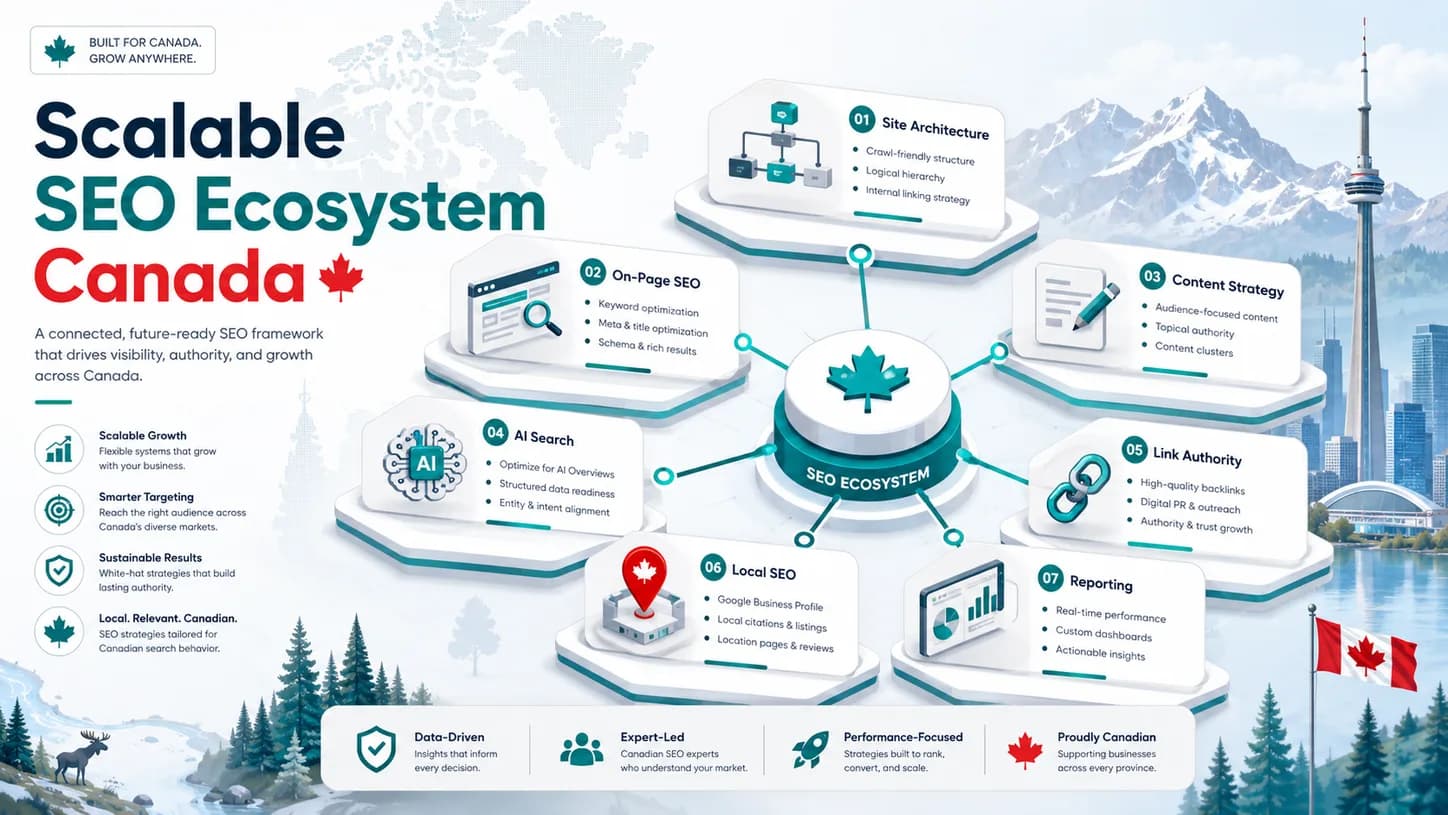 Scalable SEO ecosystem for Canadian businesses showing site architecture, on-page SEO, content strategy, AI search, local SEO, link authority, and reporting