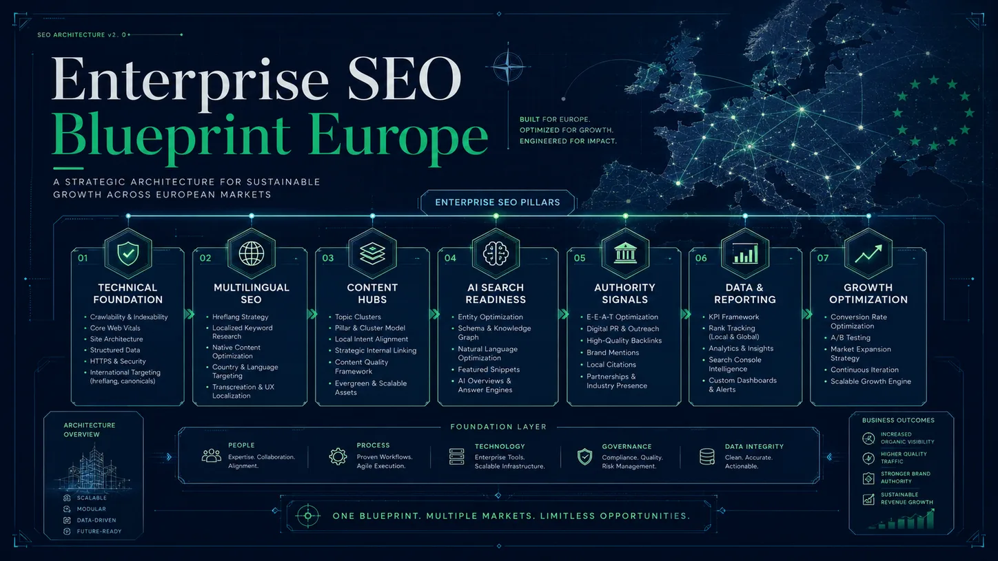 Enterprise SEO blueprint for European businesses showing technical foundation, multilingual SEO, content hubs, AI search readiness, authority signals, reporting, and growth optimization