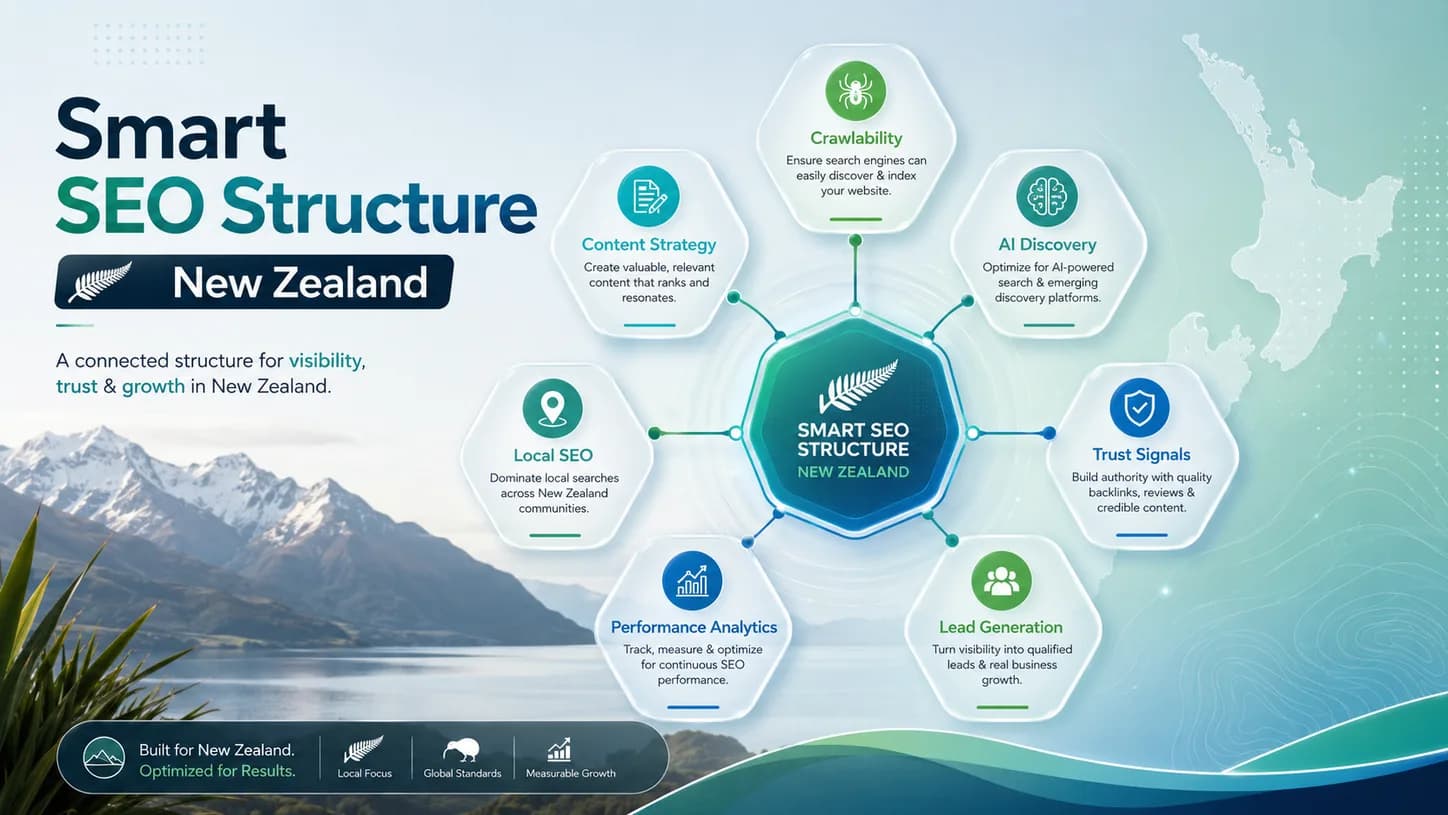 Smart SEO structure for New Zealand businesses showing crawlability, content strategy, AI discovery, trust signals, lead generation, performance analytics, and local SEO