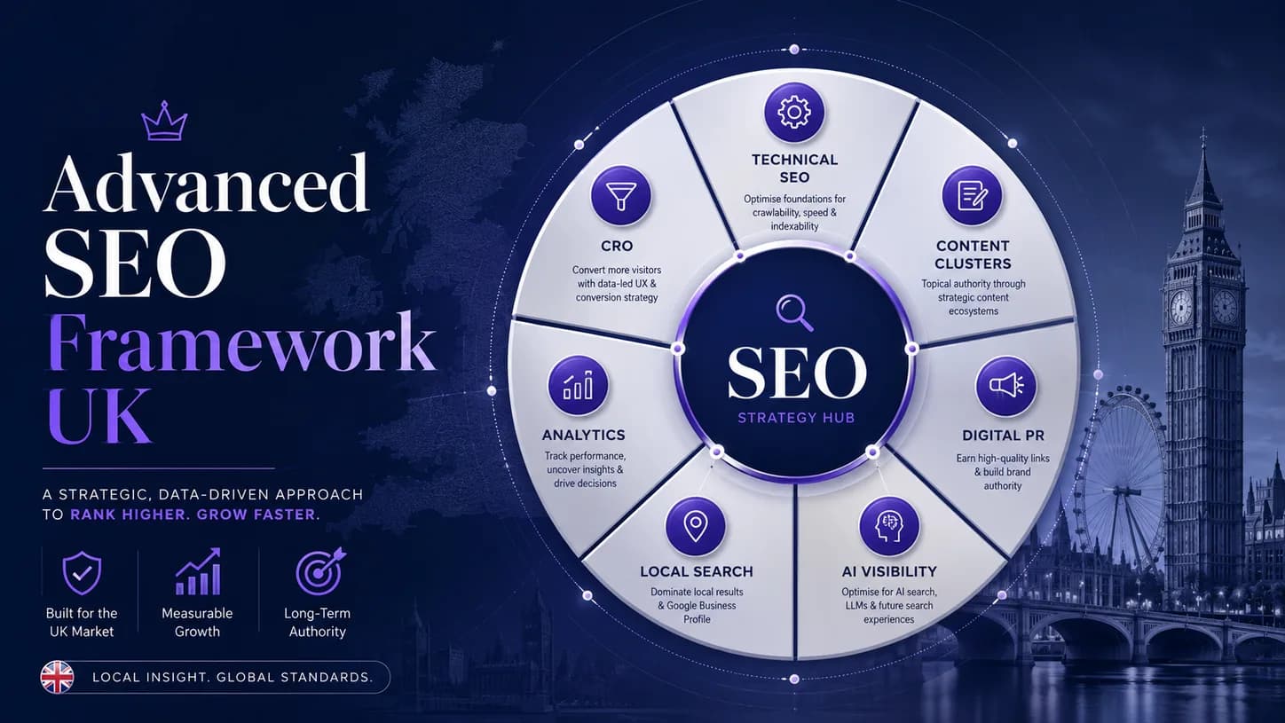 Advanced SEO framework for UK businesses showing technical SEO, content clusters, digital PR, AI visibility, local search, analytics, CRO, and long-term authority