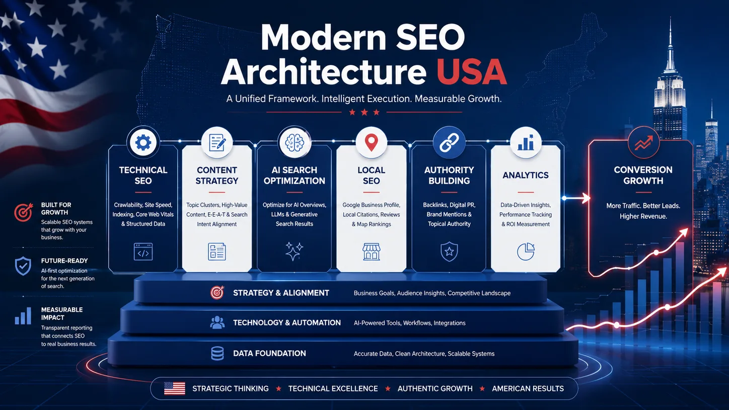 Modern SEO architecture for USA businesses showing technical SEO, content strategy, AI search optimization, local SEO, authority building, analytics, and conversion growth